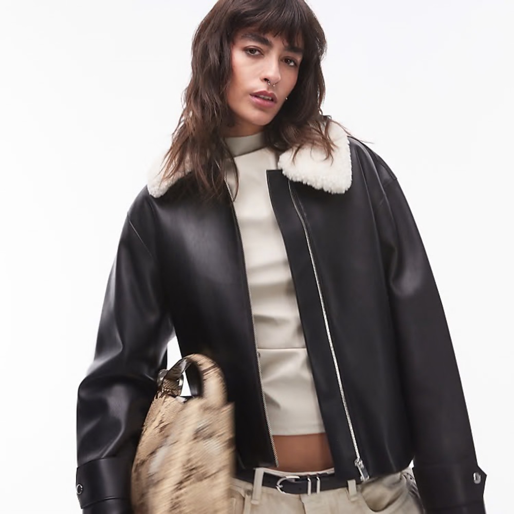 Mango Faux Leather Jacket with Removable Sherpa Collar